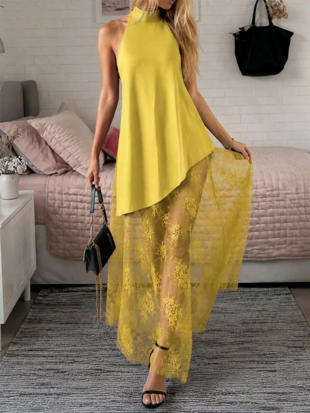 Yellow Casual Women's Sleeveless Sheer Lace detailed A-Line Dress - Picture 5 of 6